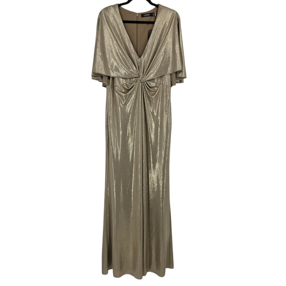 NWT Lauren Ralph Lauren Gold Metallic Phinya Twist Front Cape Gown Dress Size 12